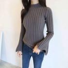 Mock-neck Bell-sleeve Rib-knit Sweater