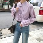 Tie-front Stand Collar Long-sleeve Blouse