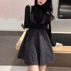 Long-sleeve Knit Top / Striped Mini Suspender Skrit / Set