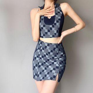 Set: Patterned Crop Tank Top + Mini A-line Skirt