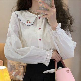 Cherry Embroidered Collar Blouse White - One Size