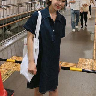 Short-sleeve Mini Polo Dress Navy Blue - One Size