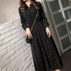 Long-sleeve Print Chiffon Midi A-line Dress