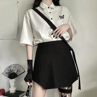 Butterfly Print Elbow-sleeve Shirt / Mini A-line Skirt