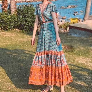 Short-sleeve Tiered Printed A-line Maxi Dress