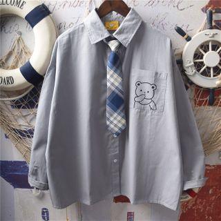 Long-sleeve Bear Print Pocket Shirt + Necktie