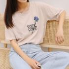 Elbow-sleeve Embroidered Letter T-shirt Almond - One Size