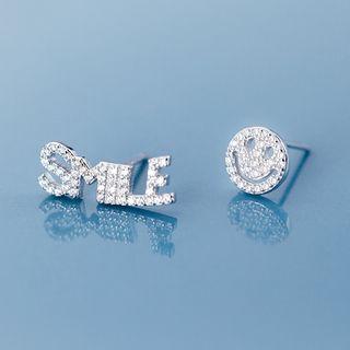 Non-matching 925 Sterling Silver Rhinestone Smiley Earring 1 Pair - S925 Silver - One Size