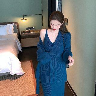 Plain Cardigan / Spaghetti Strap Knit Dress