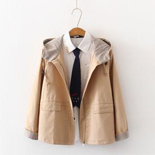 Plaid Panel Pocket Detail Zip Jacket / Pocket Detail Shirt With Cat Embroidered Tie