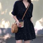 Elbow-sleeve Dotted Wide-leg Playsuit Black - One Size
