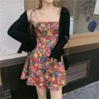 Plain Cardigan / Floral Slim-fit Sleeveless Dress