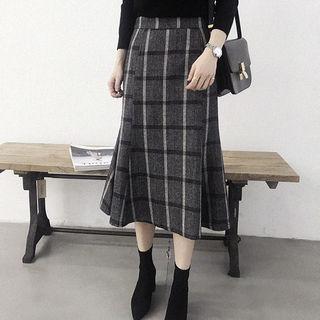 Ruffle-hem Check Wool Blend Midi Skirt