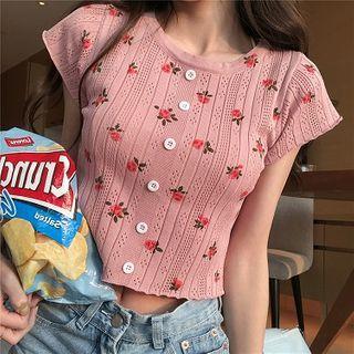 Short-sleeve Floral Print Knit Crop Top