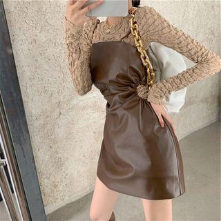 Set: Long-sleeve Top + Spaghetti Strap Faux Leather Mini Sheath Dress