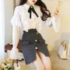 Ruffled Bow Shirt / Patterned A-line Slit Skirt / Set