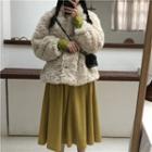 Single-breasted Furry Jacket / A-line Midi Skirt / Long-sleeve Top