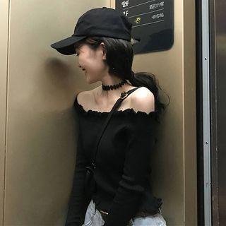 Off-shoulder Lettuce Edge Ribbed Knit Top Black - One Size