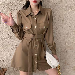 Plain Tie-waist Mini Shirtdress