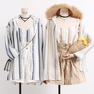 Set: V-neck Striped Camisole + Loose-fit Blouse