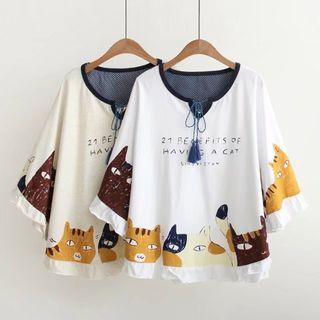 Cat Print Tasseled Short-sleeve T-shirt