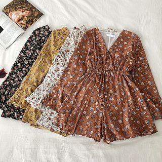 Floral Chiffon V-neck Flare-sleeve Jumper Shorts