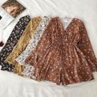 Floral Chiffon V-neck Flare-sleeve Jumper Shorts