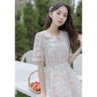Short-sleeve Collar Lace Trim Floral Mini Smock Dress