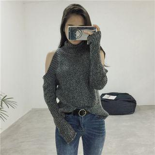 Mock-turtleneck Off Shoulder Knitted Sweater