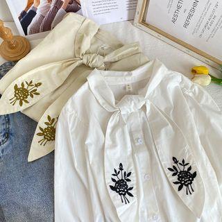 Embroidered Ribbon-collar Loose Shirt