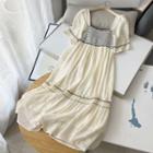 Short-sleeve Square-neck Color Block Embroidered Ruffle Dress
