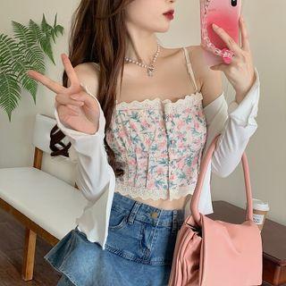 Flower Print Cropped Camisole Top / Plain Cardigan / Denim Mini Tiered Skirt