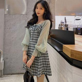 Long-sleeve Chiffon Panel Plaid Mini A-line Dress
