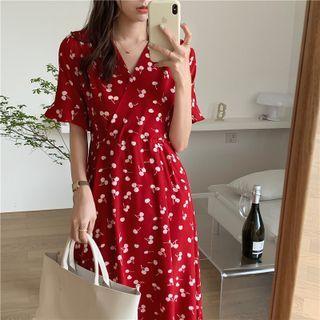 Elbow-sleeve Cherry Print Midi A-line Dress