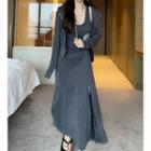 Set: Long-sleeve Zip Hooded Jacket + Sleeveless Printed Slit Dress
