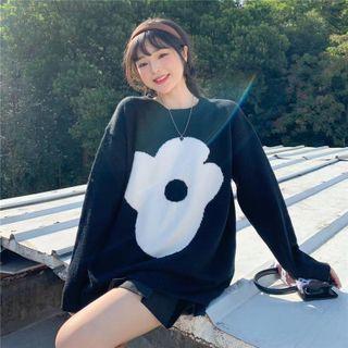 Round-neck Flower Print Sweater Black - One Size