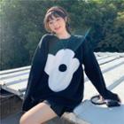 Round-neck Flower Print Sweater Black - One Size