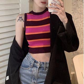 Sleeveless Striped Knit Top Stripes - Pink & Black & Tangerine - One Size