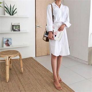 Slit-side Shirtdress With Sash White - One Size