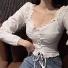 Long-sleeve Lace-up Frill Trim Crop Top