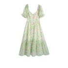 Puff-sleeve Frill Trim Floral Print Midi A-line Dress
