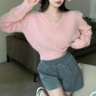 Cropped V-neck Sweater / Faux Leather Shorts