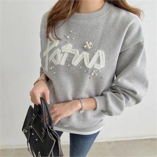 Letter Appliqu  Beaded Sweatshirt