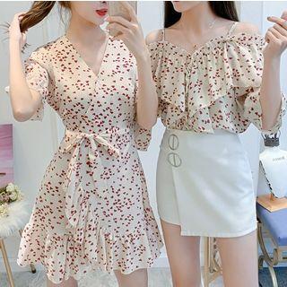 Cold-shoulder Chiffon Top / Short-sleeve Mini Chiffon Dress