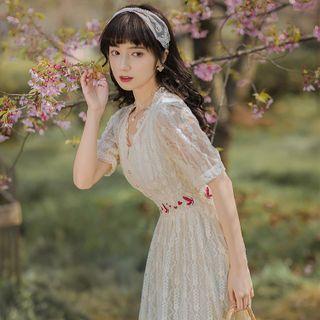 Puff-sleeve V-neck Frill Trim Midi A-line Lace Dress