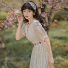 Puff-sleeve V-neck Frill Trim Midi A-line Lace Dress