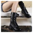 Faux Leather Buckled Low Heel Short Boots