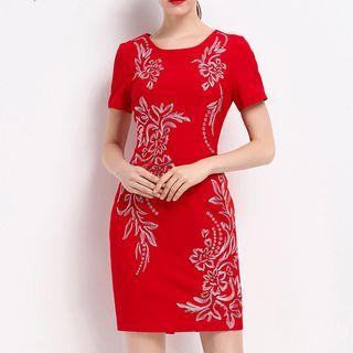 Short-sleeve Embroidered Mini Sheath Dress