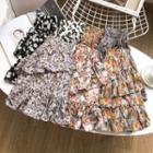 Floral Print Frill Trim A-line Mini Skirt