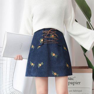 Embroidered Corduroy A-line Skirt
